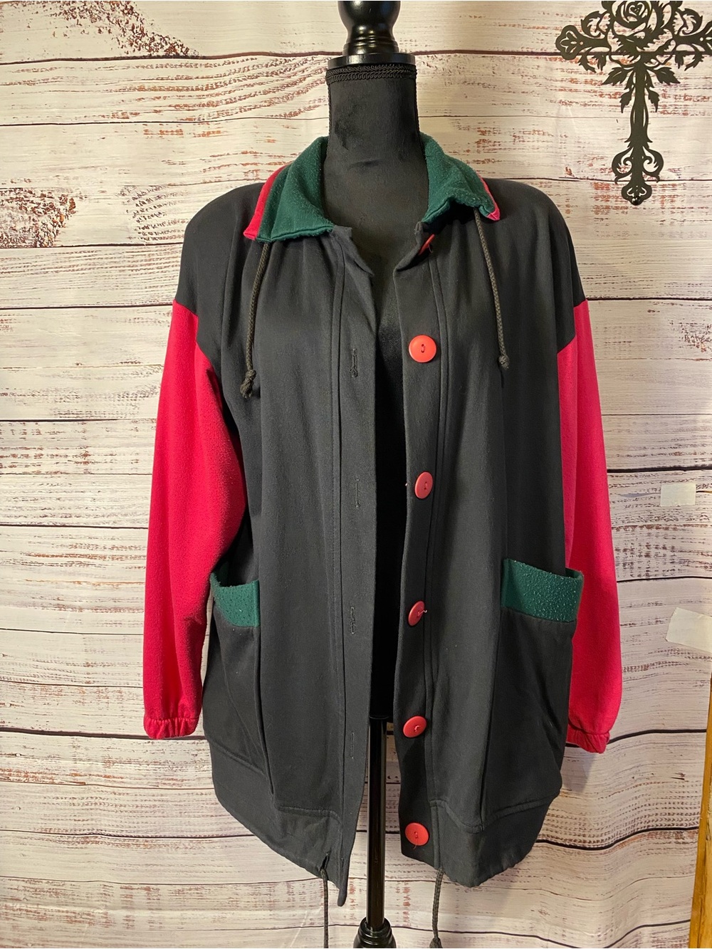 VTG 1980’s Colorblock Black and Red Women's Cardigan with Green Trim Sz-L